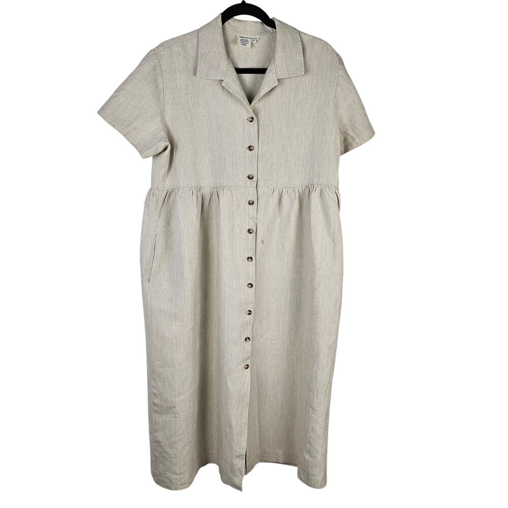 Dress VTG Y2K natural linen lagenlook trad teacher shirtwaist POCKETS XL